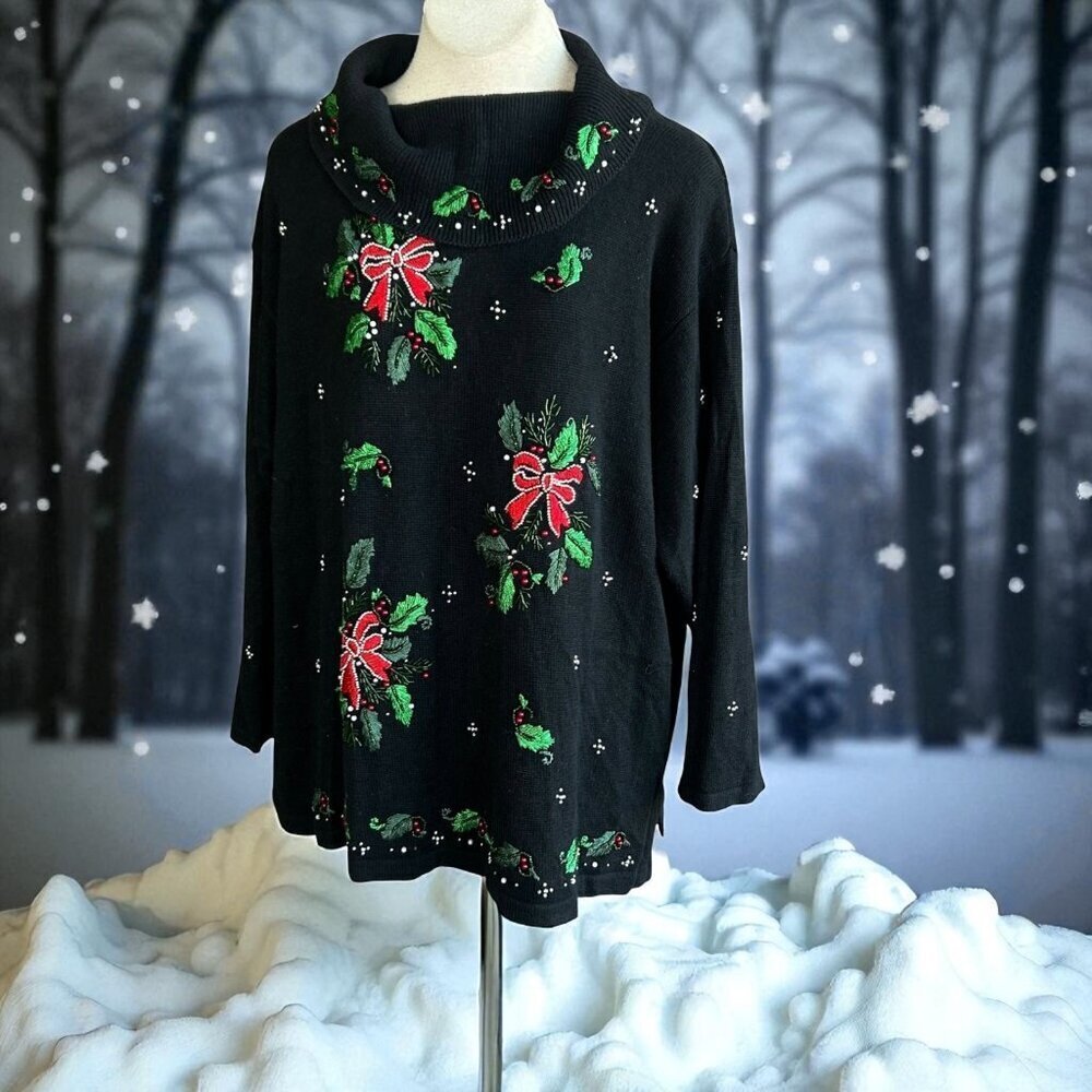 Vintage Christmas Holiday Embroidered Holly and Bows Size 3X VJ Woman
